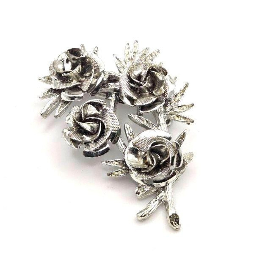 Vintage‎ 1950s Coro Silver Tone Floral Brooch Pin Roses and Leaves